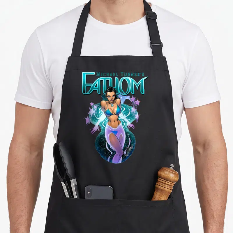 Matthew aspen apron - Woman in blue bikini surrounded by purple stars and blue water swirls under stylized title text — shown on a black cotton canvas apron against a white background