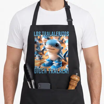 Los italian apron - Shark in blue sneakers on sand with LOS TRALALERITOS DICEN TRALALA text — shown on a black cotton canvas apron against a white background