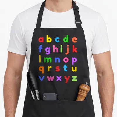 Lowercase teacher apron - colorful lowercase a-z alphabet letters in red yellow blue green orange purple pink on gray — shown on a black cotton canvas apron against a white background