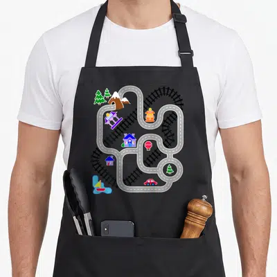 Father car apron - Winding white road, black railroad tracks, gas station, stop sign, red car, blue house, green trees — shown on a black cotton canvas apron against a white background
