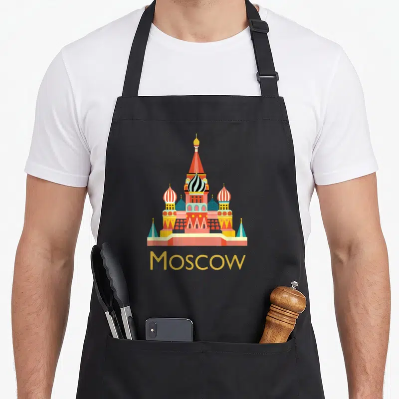 Moscow russia apron - Minimalist Saint Basil's Cathedral in red yellow blue green above Moscow text — shown on a black cotton canvas apron against a white background