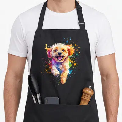 Cavapoo colorful aprons - Watercolor dog illustration with scattered paint splatters in white, yellow, blue, pink — shown on a black cotton canvas apron against a white background