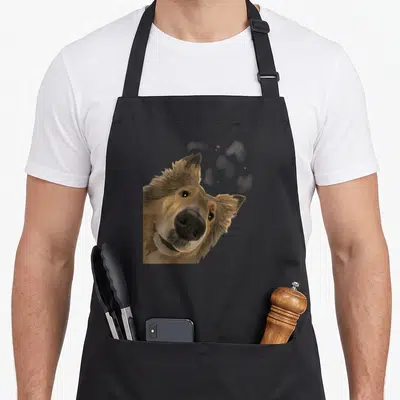 Curious dog apron - Brown and grey watercolor rough collie head with grey splatters — shown on a black cotton canvas apron against a white background