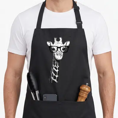 Giraffe animal apron - Cartoon giraffe head with black-rimmed glasses in white and black ink — shown on a black cotton canvas apron against a white background