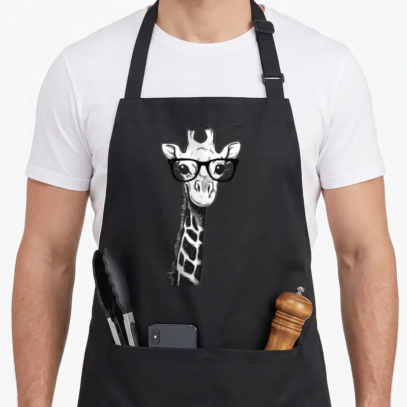 Giraffe animal apron - Cartoon giraffe head with black-rimmed glasses in white and black ink — shown on a black cotton canvas apron against a white background