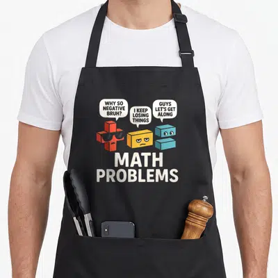 Math problem teacher apron - Three cartoon math symbols with speech bubbles and MATH PROBLEMS text — shown on a black cotton canvas apron against a white background