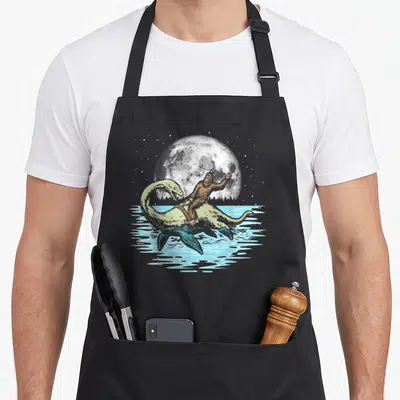 Riding bigfoot apron - Brown Sasquatch riding pale green plesiosaur in light blue water under white moon and stars — shown on a black cotton canvas apron against a white background
