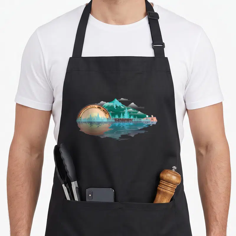 Banjo buff vibes apron - Stylized banjo silhouette containing teal mountains, orange sun, green trees, and water — shown on a black cotton canvas apron against a white background