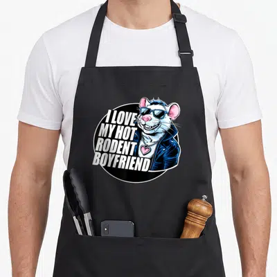 Boyfriend rat i love my mouse apron - Cartoon rodent in sunglasses and jacket next to stacked text I LOVE MY HOT RODENT — shown on a black cotton canvas apron against a white background