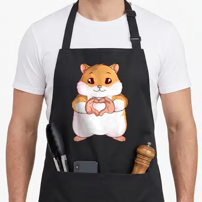 Cute hamster mom apron - Cartoon hamster with brown and white fur forming a heart shape with its paws on a black — shown on a black cotton canvas apron against a white background