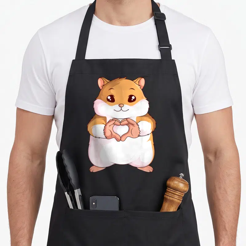 Cute hamster mom apron - Cartoon hamster with brown and white fur forming a heart shape with its paws on a black — shown on a black cotton canvas apron against a white background