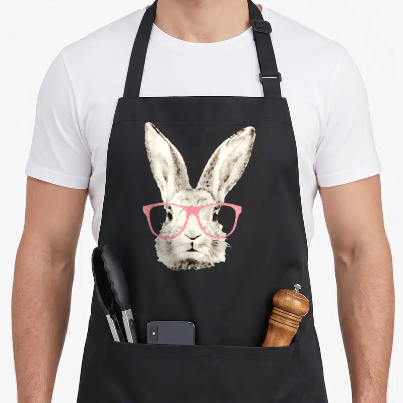 Glass easter bunny aprons - Realistic white rabbit head wearing pink patterned glasses on grey background — shown on a black cotton canvas apron against a white background