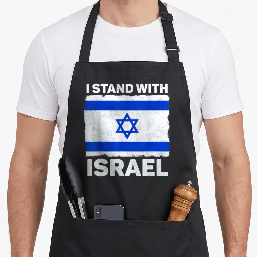 Israel patriotic apron - Distressed white and blue Israel flag with I STAND WITH ISRAEL text above and below — shown on a black cotton canvas apron against a white background