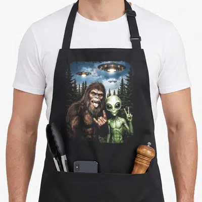 Selfie bigfoot apron - Brown Sasquatch and green alien posing with UFOs over pine trees — shown on a black cotton canvas apron against a white background