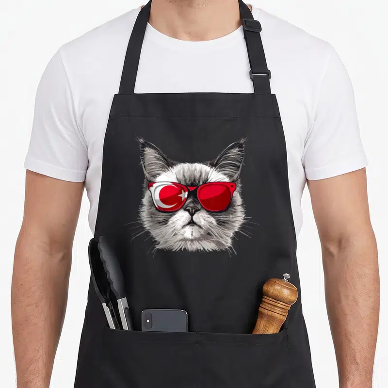 Flag funny turkey apron - Realistic cat head with red sunglasses showing a flag pattern in one lens — shown on a black cotton canvas apron against a white background