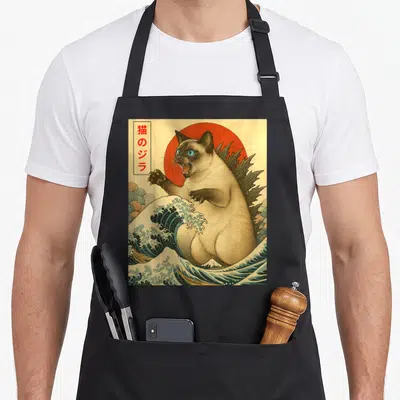 Catzilla cute cat aprons - Siamese cat with dorsal fins in Japanese ukiyo style waves and red sun — shown on a black cotton canvas apron against a white background