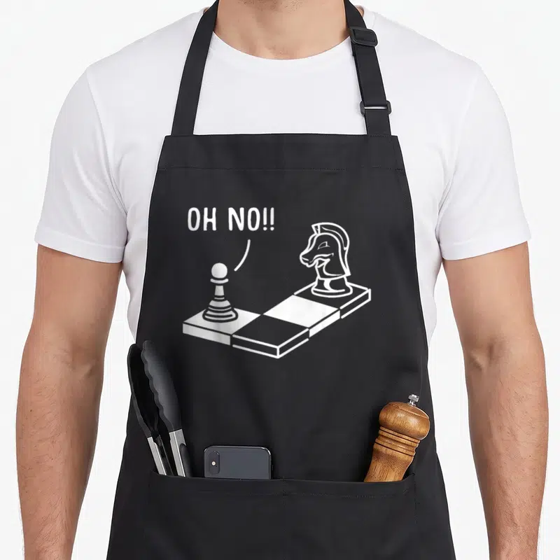 Springer chess player apron - White knight and pawn on chessboard with OH NO!! speech bubble on black fabric — shown on a black cotton canvas apron against a white background