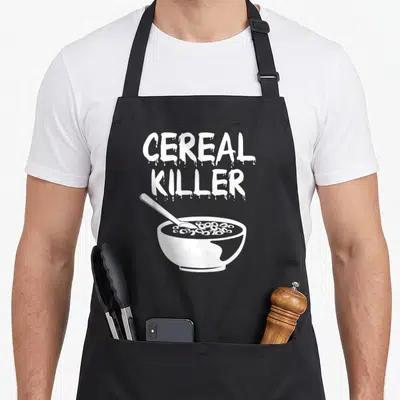 Cereal food aprons - White CEREAL KILLER text above cartoon bowl with spoon and ring cereal — shown on a black cotton canvas apron against a white background