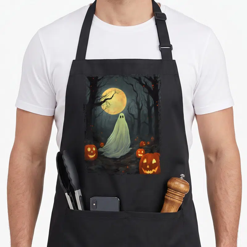 Forest halloween apron - Realistic ghost in dark forest under full moon surrounded by glowing jack o lanterns — shown on a black cotton canvas apron against a white background