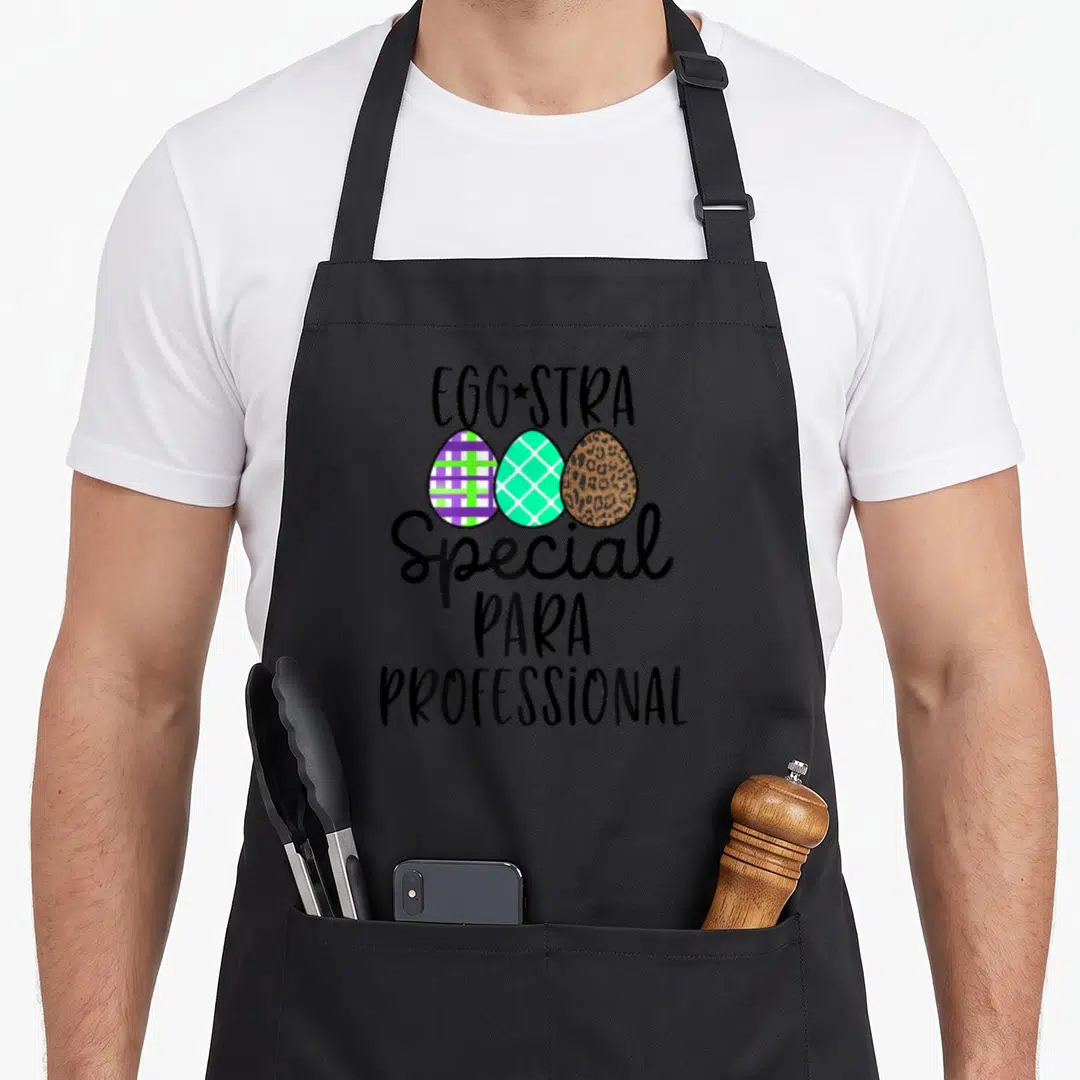 Eggstra teacher apron - Stacked text EGGSTRA Special PARA PROFESSIONAL above three patterned eggs in plaid, lattice — shown on a black cotton canvas apron against a white background