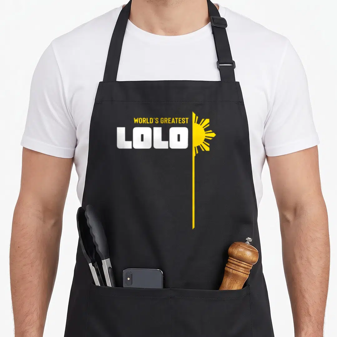Lolo worlds greatest dad apron - WORLD'S GREATEST LOLO text beside yellow sun on vertical pole, minimalist design — shown on a black cotton canvas apron against a white background