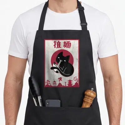 Anime japanese cat apron - Retro graphic of black cat eating ramen bowl under red sun with kanji text — shown on a black cotton canvas apron against a white background