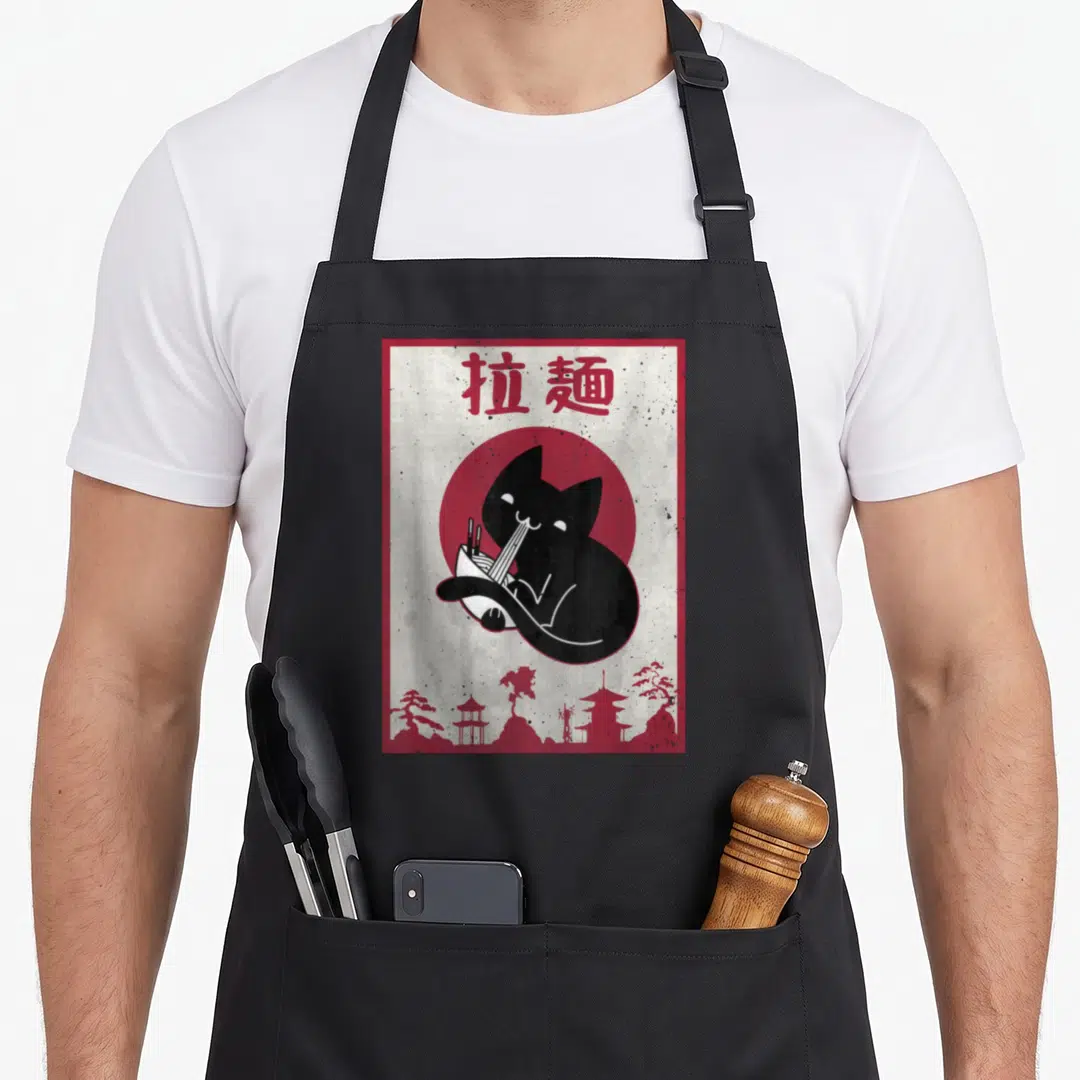 Anime japanese cat apron - Retro graphic of black cat eating ramen bowl under red sun with kanji text — shown on a black cotton canvas apron against a white background