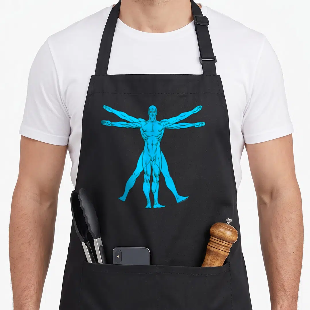 Vitruvian dr apron - Blue line-art figure in two overlapping poses with a circle on the forehead — shown on a black cotton canvas apron against a white background