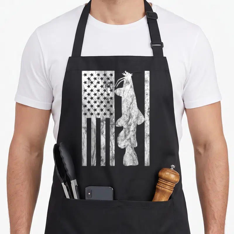 Catfishing american flag apron - Distressed vertical flag with catfish silhouette overlay — shown on a black cotton canvas apron against a white background