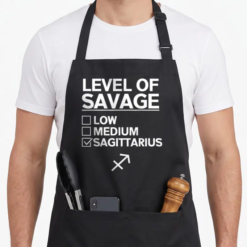 Vintage sagittarius zodiac aprons - White Level of Savage checklist with Sagittarius checked and arrow symbol below — shown on a black cotton canvas apron against a white background