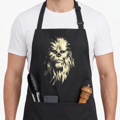 Shadow face apron - Beige line art portrait of Chewbacca centered on grey background — shown on a black cotton canvas apron against a white background
