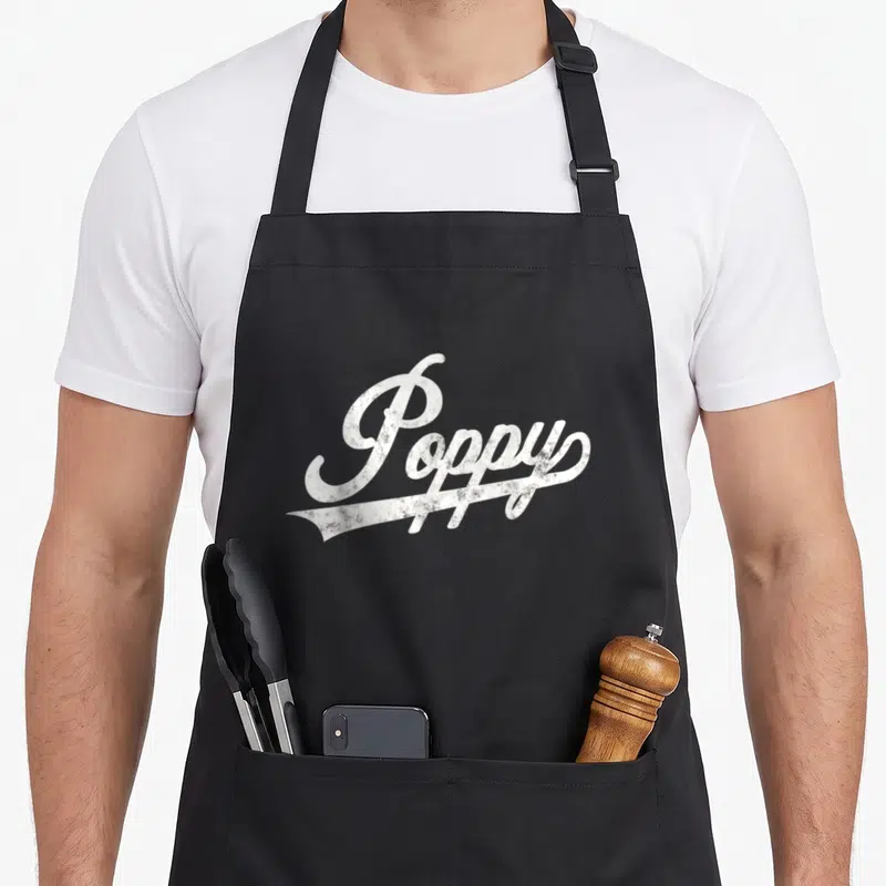 Poppy papa grandpa apron - White distressed script text reading Poppy with a decorative swoosh underline — shown on a black cotton canvas apron against a white background