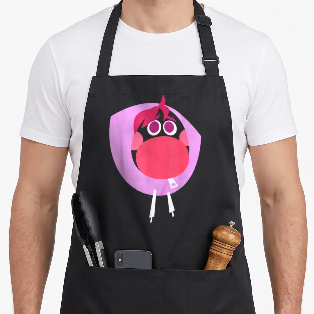 Embarrassment face apron - Pink cartoon character face on light purple circle with white legs — shown on a black cotton canvas apron against a white background