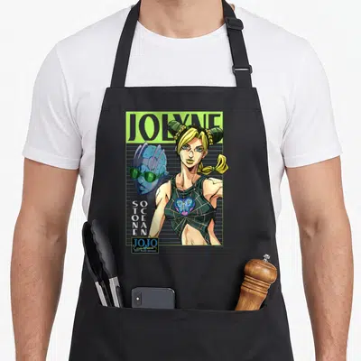 Jolyne anime apron - JOLYNE text, blonde woman, blue head, vertical SOTCENAE text, green accents, JOJO logo — shown on a black cotton canvas apron against a white background