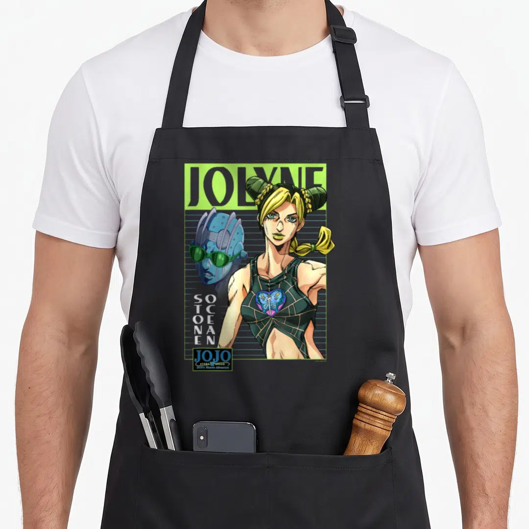 Jolyne anime apron - JOLYNE text, blonde woman, blue head, vertical SOTCENAE text, green accents, JOJO logo — shown on a black cotton canvas apron against a white background