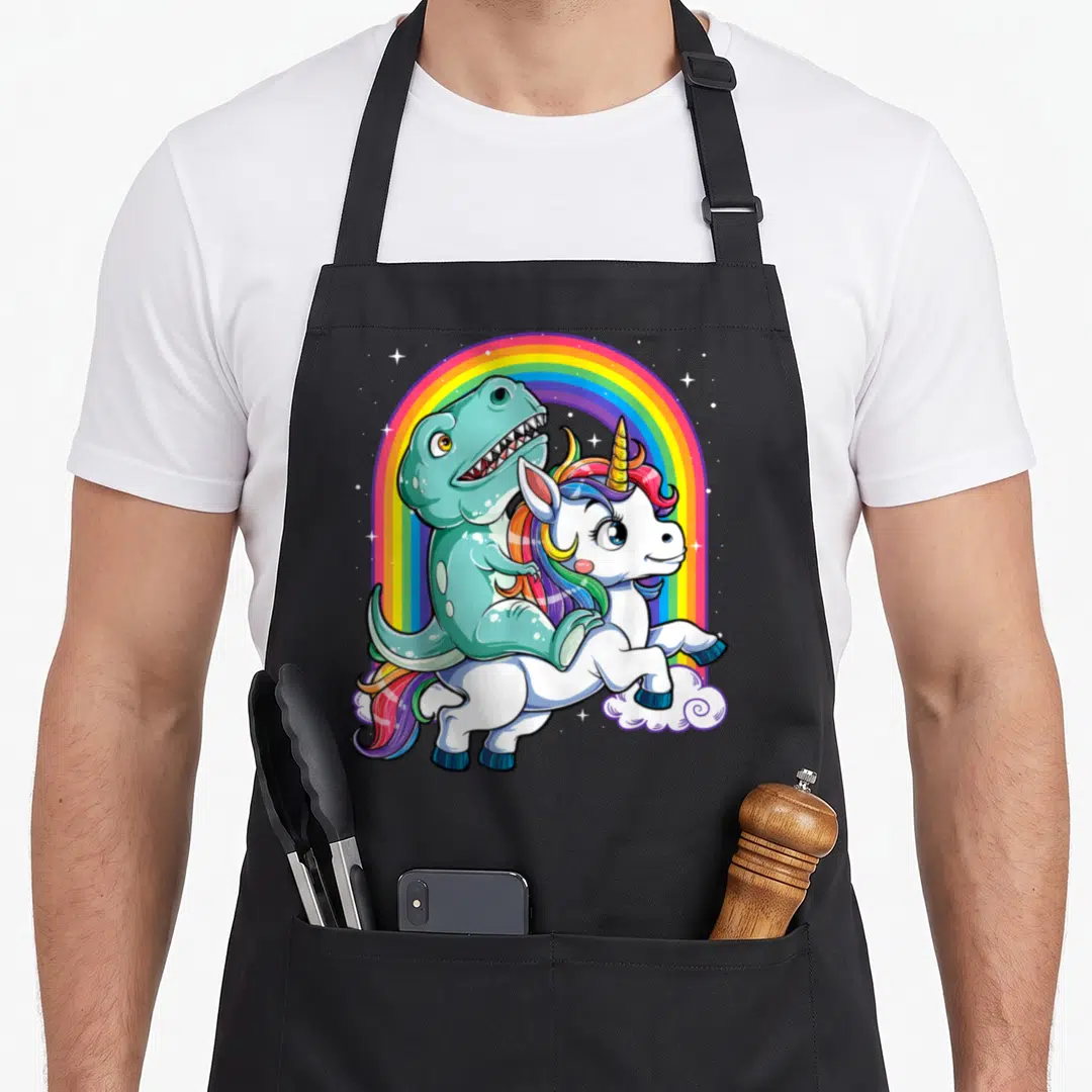Rainbow dinosaur apron - Teal dinosaur riding white unicorn under rainbow arch with stars and cloud — shown on a black cotton canvas apron against a white background