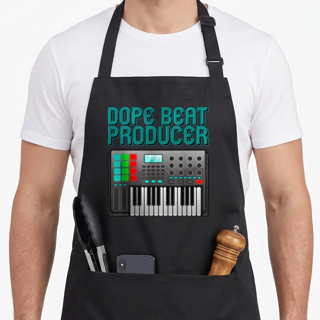 Producer maker apron - DOPE BEAT PRODUCER text above a cartoon music workstation with colored pads and keys — shown on a black cotton canvas apron against a white background