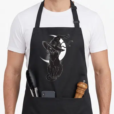 Scary black cat apron - Line art black cat in witch hat sitting before white crescent moon with triquetra symbol on hat — shown on a black cotton canvas apron against a white background