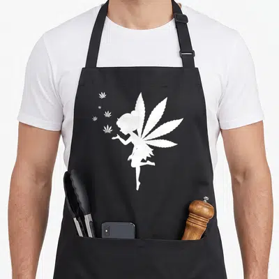 Fairy smoker apron - White fairy silhouette with cannabis leaf wings blowing smaller leaves — shown on a black cotton canvas apron against a white background
