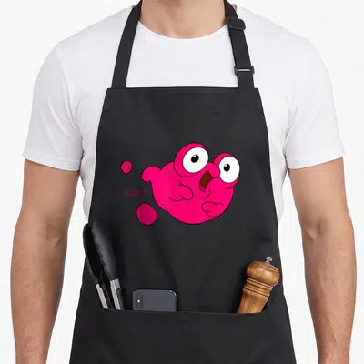 Treasure planet apron - Pink cartoon blob Morph with Disney Treasure Planet text logo on left — shown on a black cotton canvas apron against a white background