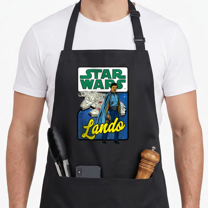 Lando falcon apron - Cartoon Lando Calrissian standing before the Millennium Falcon with yellow script text on a starry — shown on a black cotton canvas apron against a white background