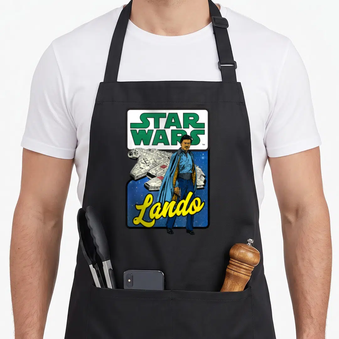 Lando falcon apron - Cartoon Lando Calrissian standing before the Millennium Falcon with yellow script text on a starry — shown on a black cotton canvas apron against a white background