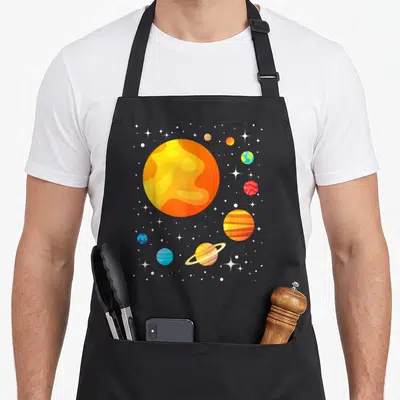 Astronomer science apron - Large orange sun and multiple planets with rings and stars on gray background — shown on a black cotton canvas apron against a white background