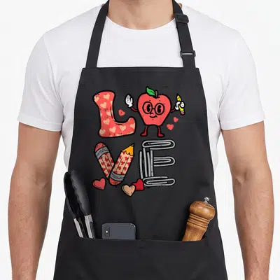Apple valentine's day apron - Cartoon apple and school supplies arranged to spell love in red grey white yellow — shown on a black cotton canvas apron against a white background