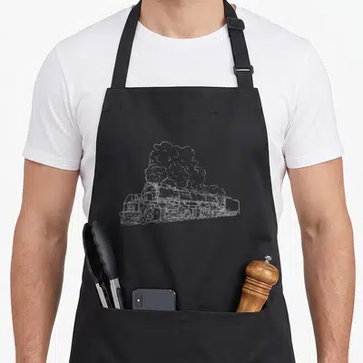 Steam x apron - White line drawing of steam locomotive 4014 with billowing smoke — shown on a black cotton canvas apron against a white background