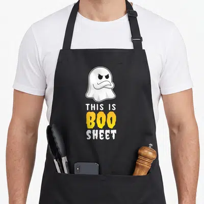 Boo spooky apron - Cartoon ghost with THIS IS BOO SHEET text in white and yellow — shown on a black cotton canvas apron against a white background