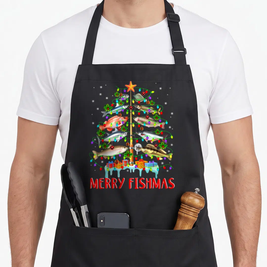Fishmas christmas tree apron - Realistic fish Christmas tree on fishing rod with multicolored lights and Merry Fishmas — shown on a black cotton canvas apron against a white background