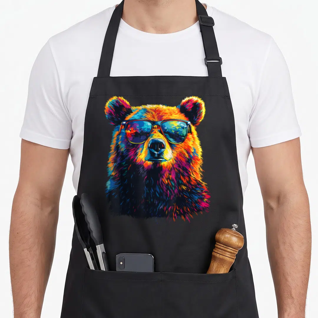 Sunglass bear wearing apron - Multicolored cartoon bear head with sunglasses in blue red yellow purple orange abstract — shown on a black cotton canvas apron against a white background