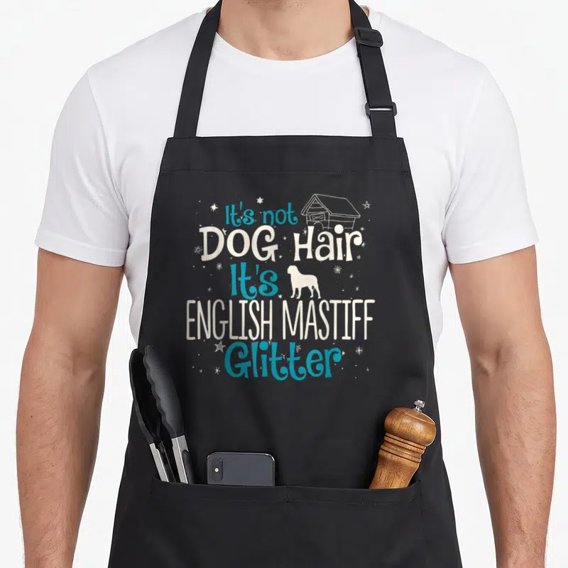 Hair english dog apron - It's not DOG Hair It's ENGLISH MASTIFF Glitter text with dog house and mastiff silhouette — shown on a black cotton canvas apron against a white background