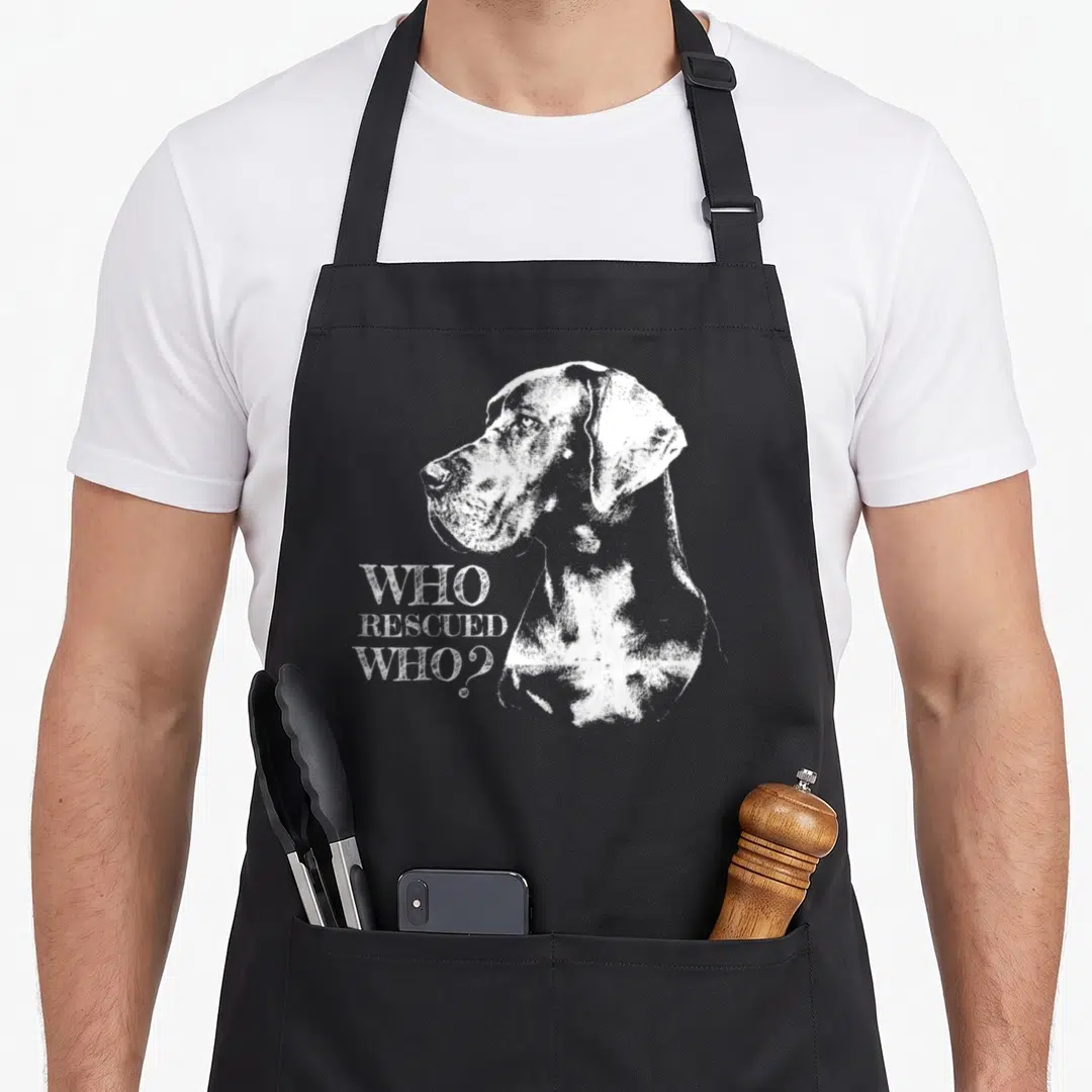Funny dane dog apron - White Great Dane head profile with stacked WHO RESCUED WHO? text in distressed font — shown on a black cotton canvas apron against a white background
